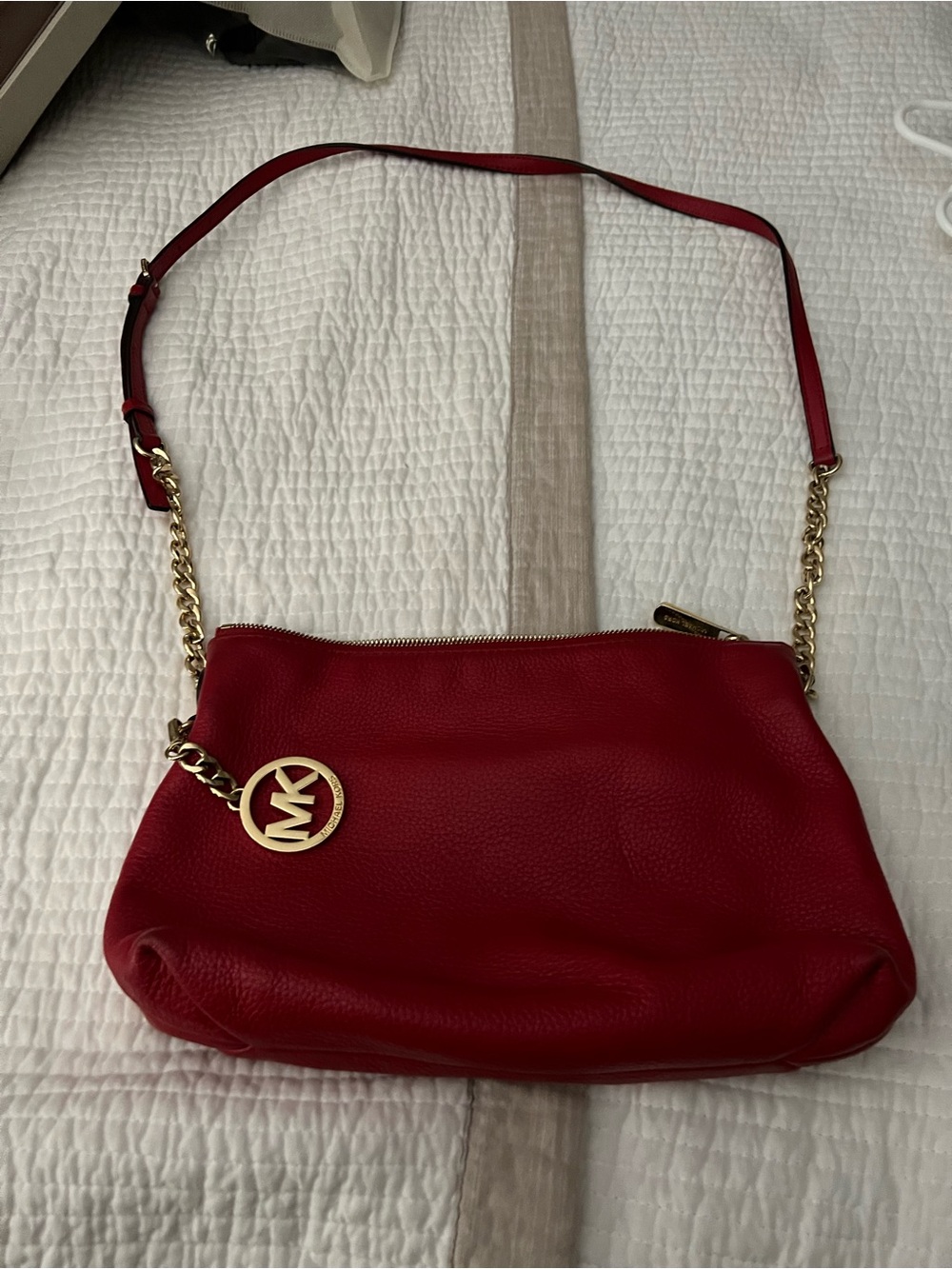Michael Kors Red Pebbled Leather Chain-Accent Crossbody